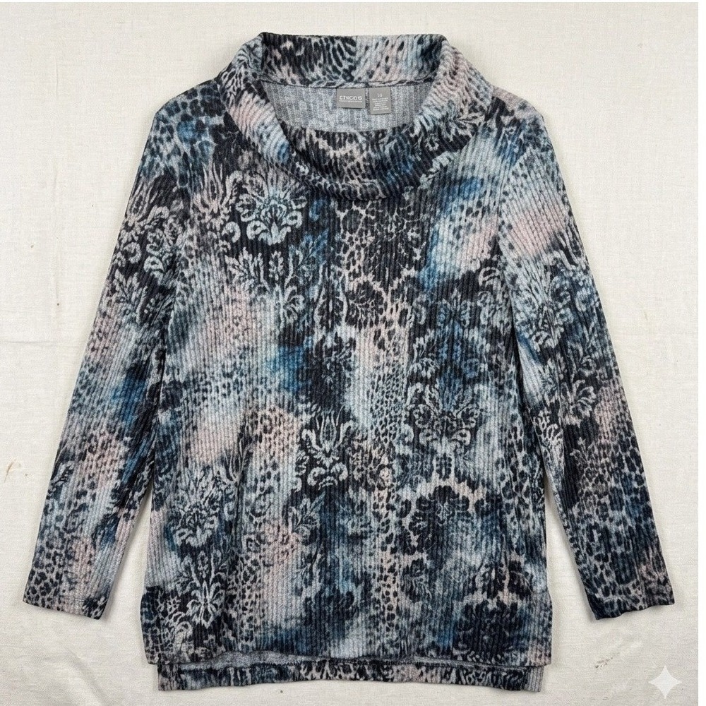 Chico's Zenergy Pullover Top Womens 2 Large Blue Grey Animal Damask Cowl Neck